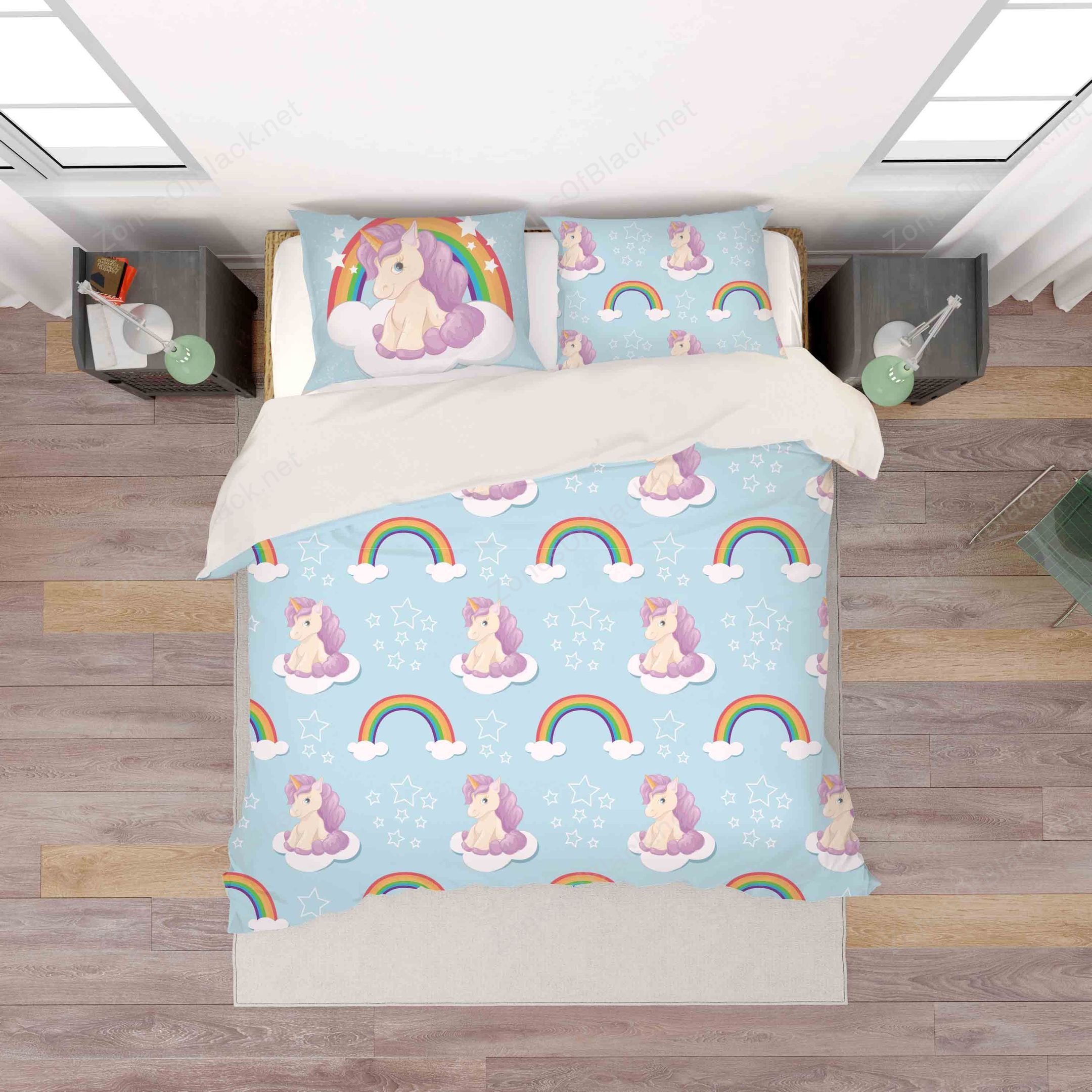 3D Cartoon Blue Unicorn Rainbow Bedding Set Bedroom Decor