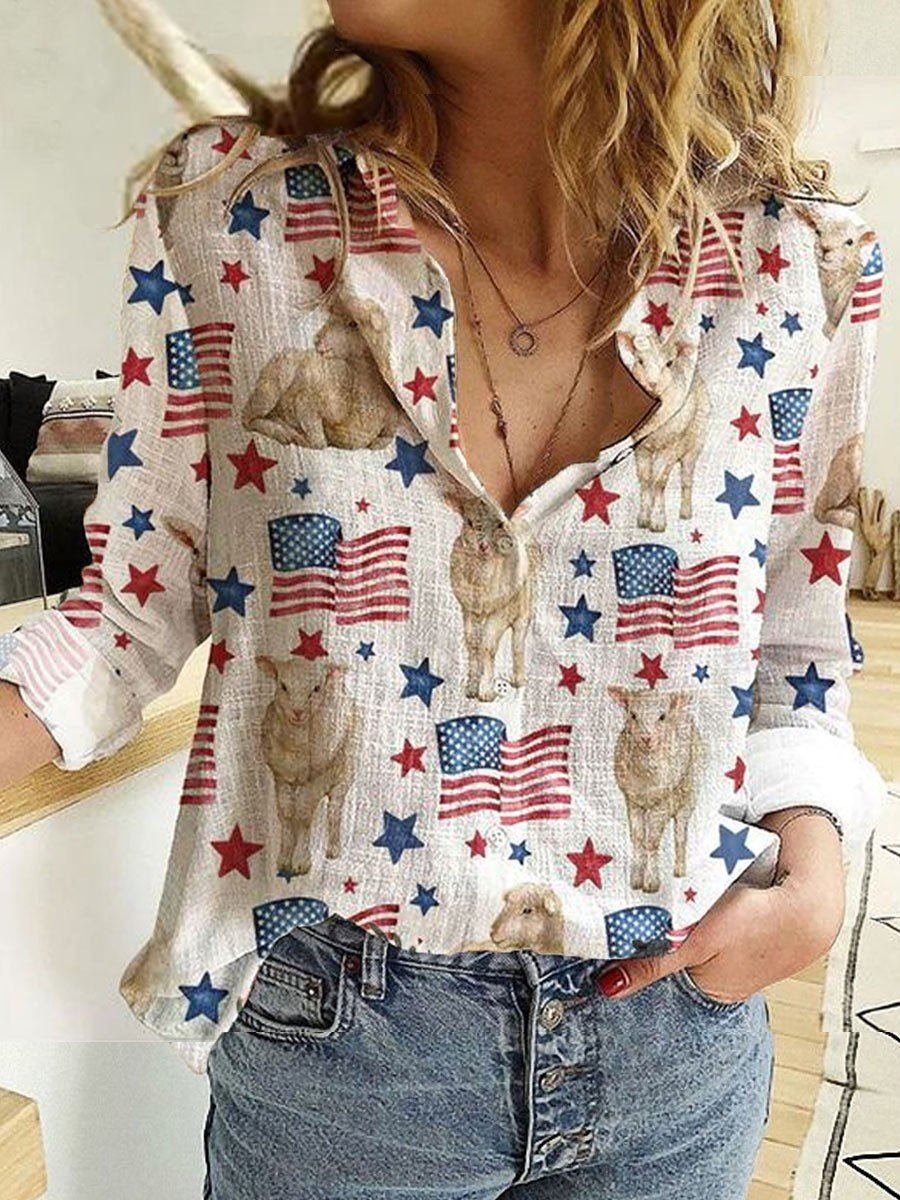 Women’S Animal Flag Patchwork Casual Shirt