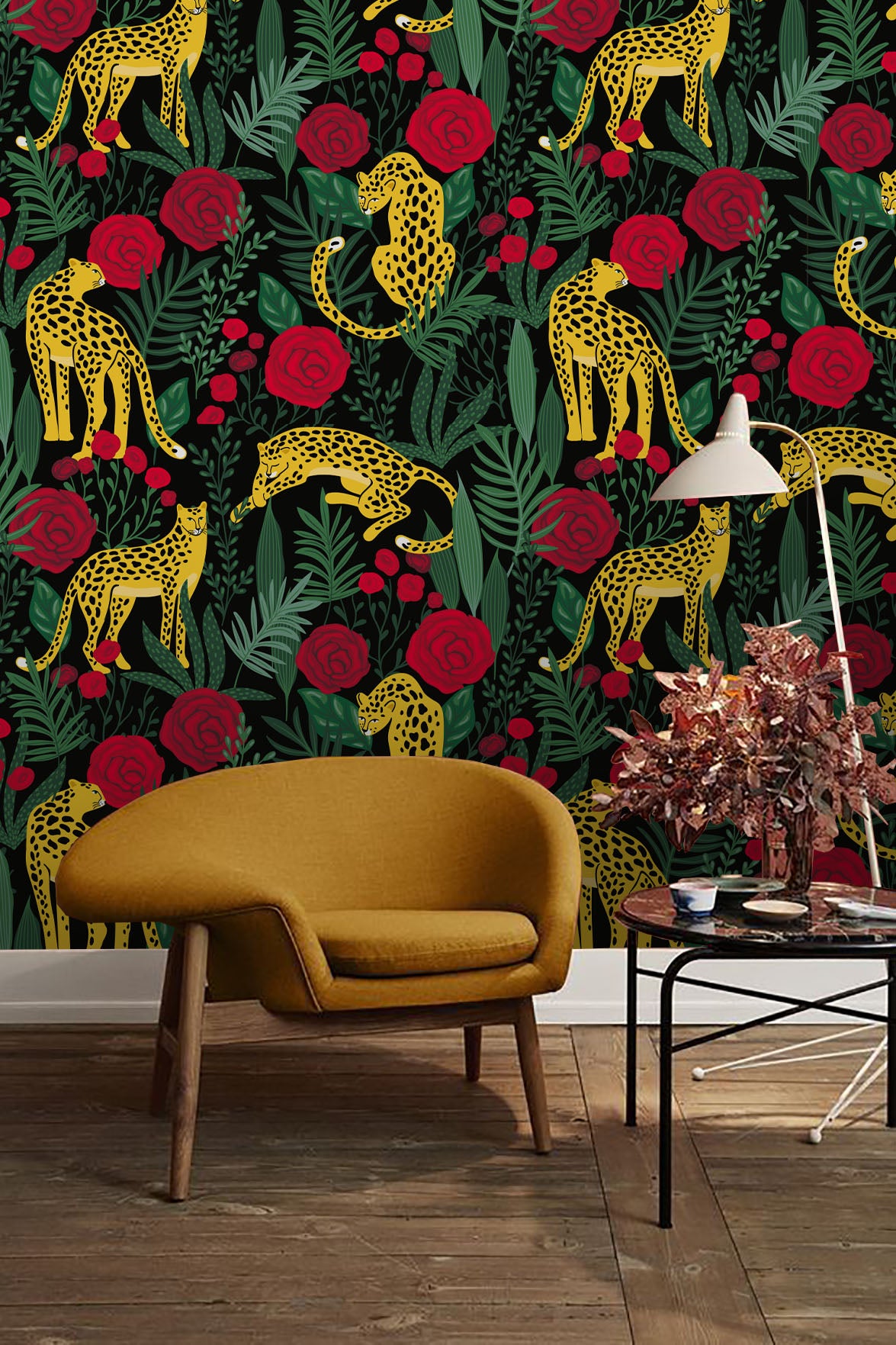 3D Leopard Red Flowers Green Leaves Wall Mural Wallpaper 60