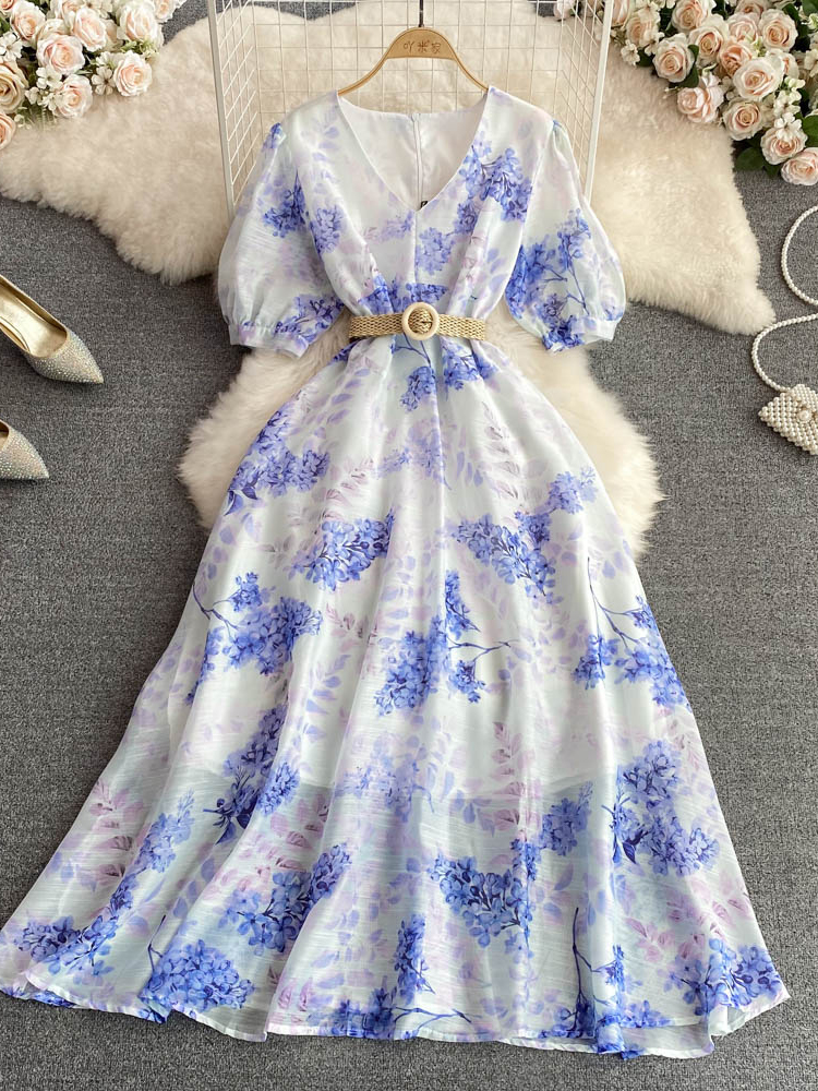 Summer Women Printed Chiffon Dress Elegant V-Neck Short Puff Sleeve High Waist A-Line Vintage Vestidos With Sashes New Fashion alx