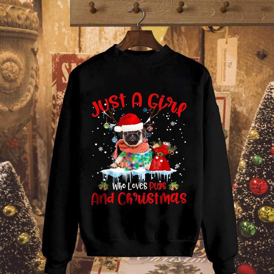 Baby pug dog just a girl who loves pug and christmas colorful light snow candy cane happy holiday black sweatshirt for men and women S-5XL