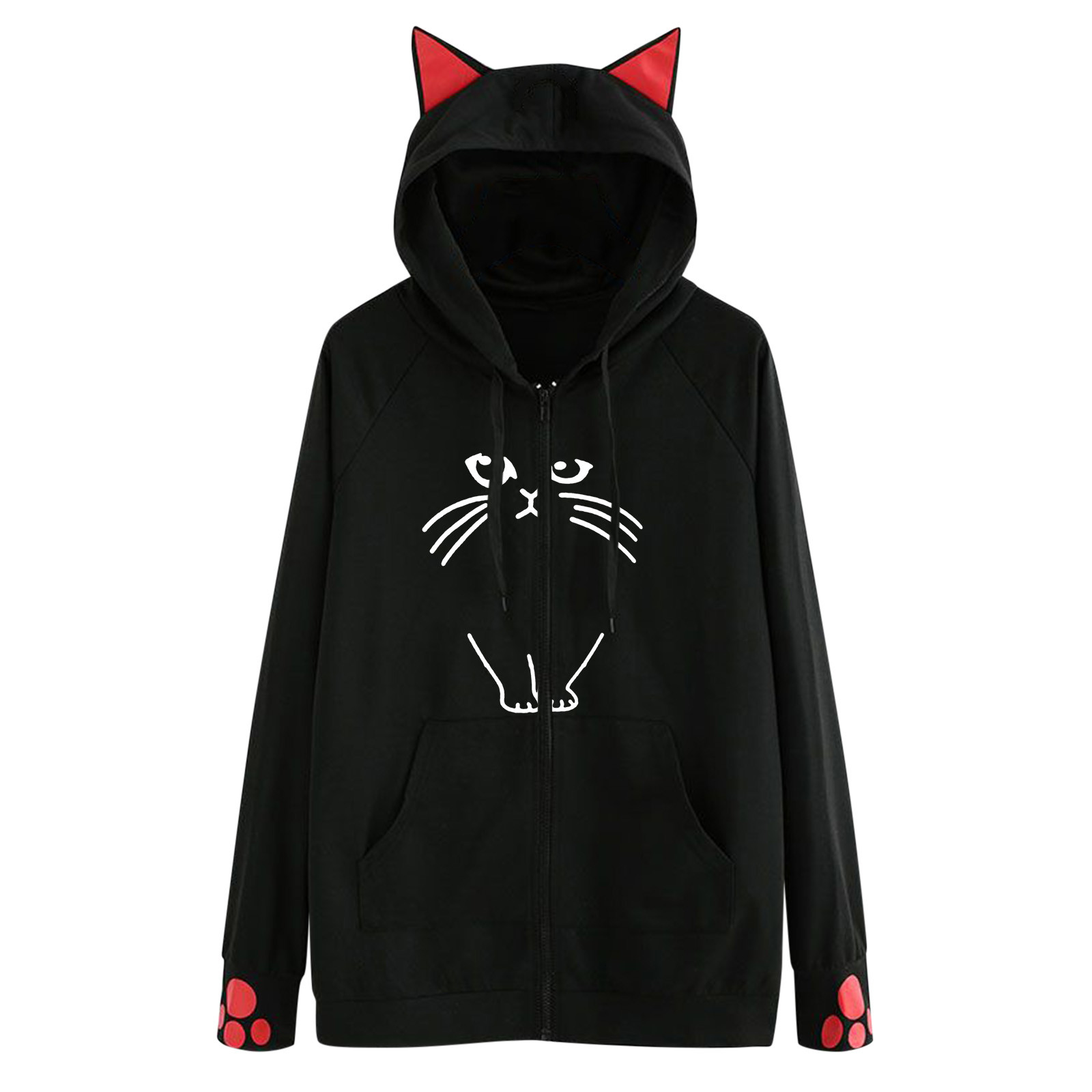 Women Casual Cute Cat Printed Sweatshirt Zipper Pocket Hoodies Creative Cat Ear Hat Sweatshirts Harajuku Толстовка Оверсайз alx