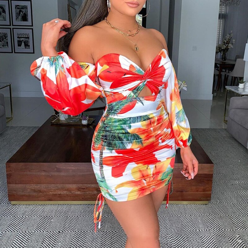 Summer Off Shoulder Long Sleeve Ruched Bodycon Dress Women Bohemian Style Beach Holiday Pleated Dresses Plus Size Mini Dress alx