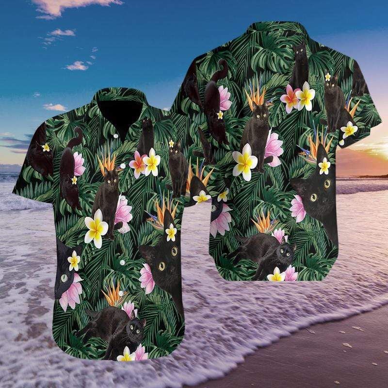 So Cute Black Cat Tropical Hawaiian Shirts #510l