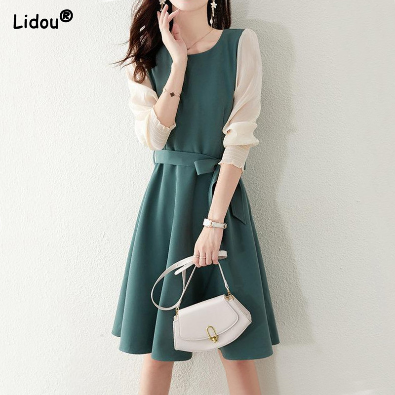 Spring Autumn Elegant Fashion Solid Color Women’s Clothing Patchwork Belt Slender Dresses Grace Trend Korean A-line Skirt 2022 alx