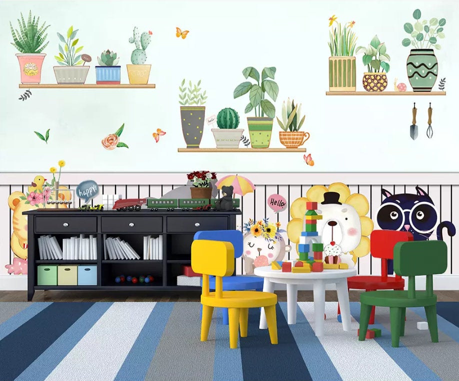 3D Kids, Animals, Potted Plant Wallpaper-Nursery