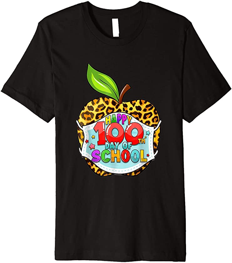 100th Day Of School Virtual Apple Leopard Mask Teachers Premium T-Shirt