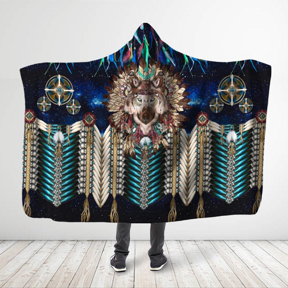 ViticStore™ Aborigine Style 3D All Over Printed Gray Wolf King In Blue Galaxy – Hooded Blanket