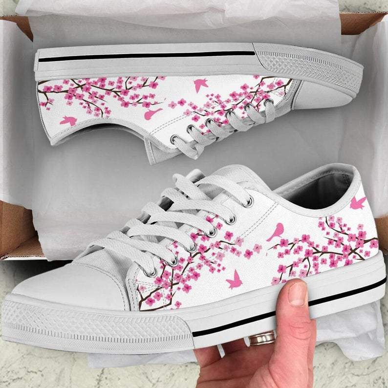 Japanese Sakura Cherry Blossom Bird Low Top Shoes 38 Women And Men, Sneakers For Adults, Low Top Shoes, Converse Style, Flower Shoes