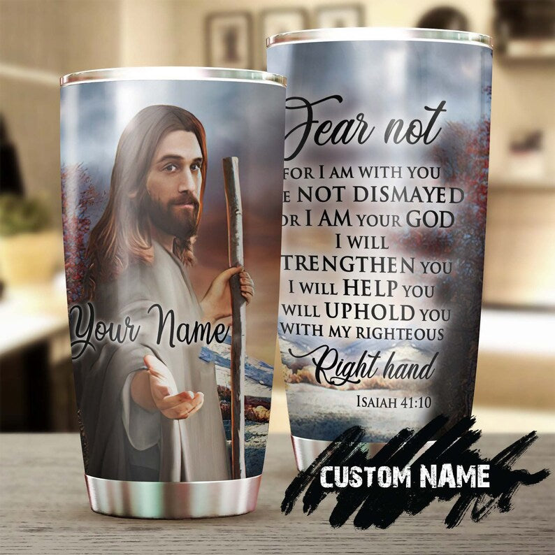 Faith Jesus Right Hand Yellow I Will Uphold You Personalized Tumbler-Jesus Gift -Birthday Christmas Gift For Jesus Lover Catholic Christians