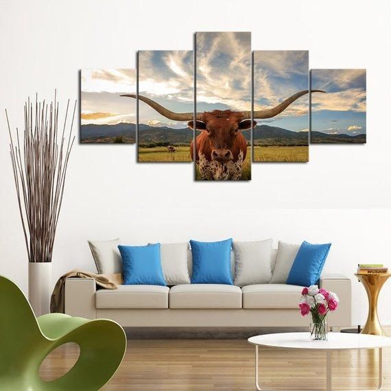 Texas Longhorn Cow Animal 5 Panel Canvas Art Wall Decor