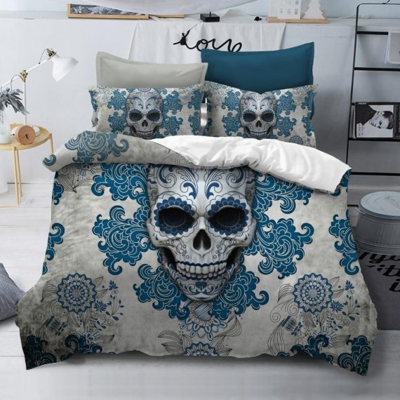 3Pcs 3D Skull Blue Flowers Bedding Set