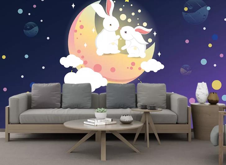 3D Hand Drawn Starry Moon Rabbit Wall Mural Wallpaper Lqh 506