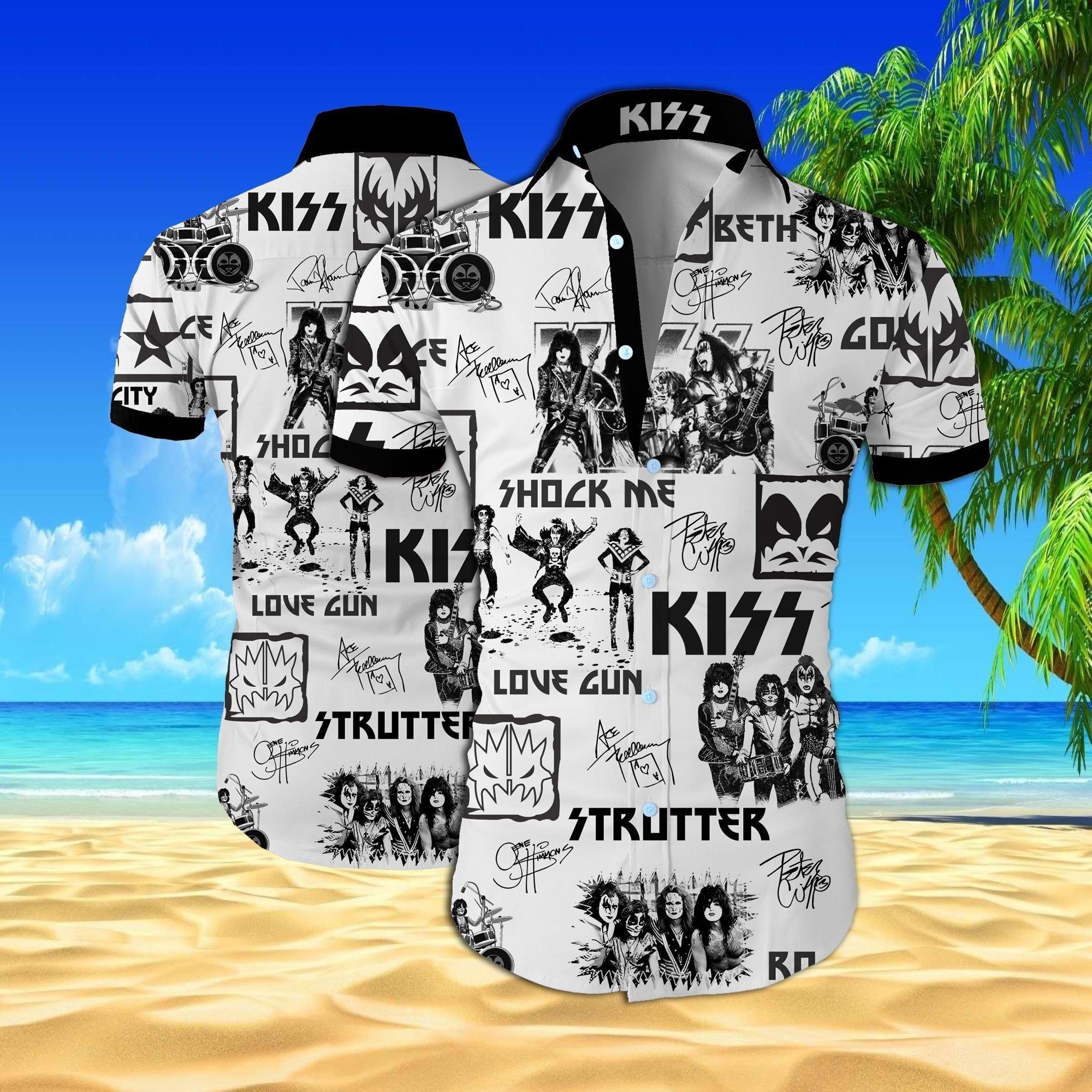 Kiss Rock Band All Over Printed Hawaii Shirt White Men Women Beach Wear Short Sleeve Ha110425