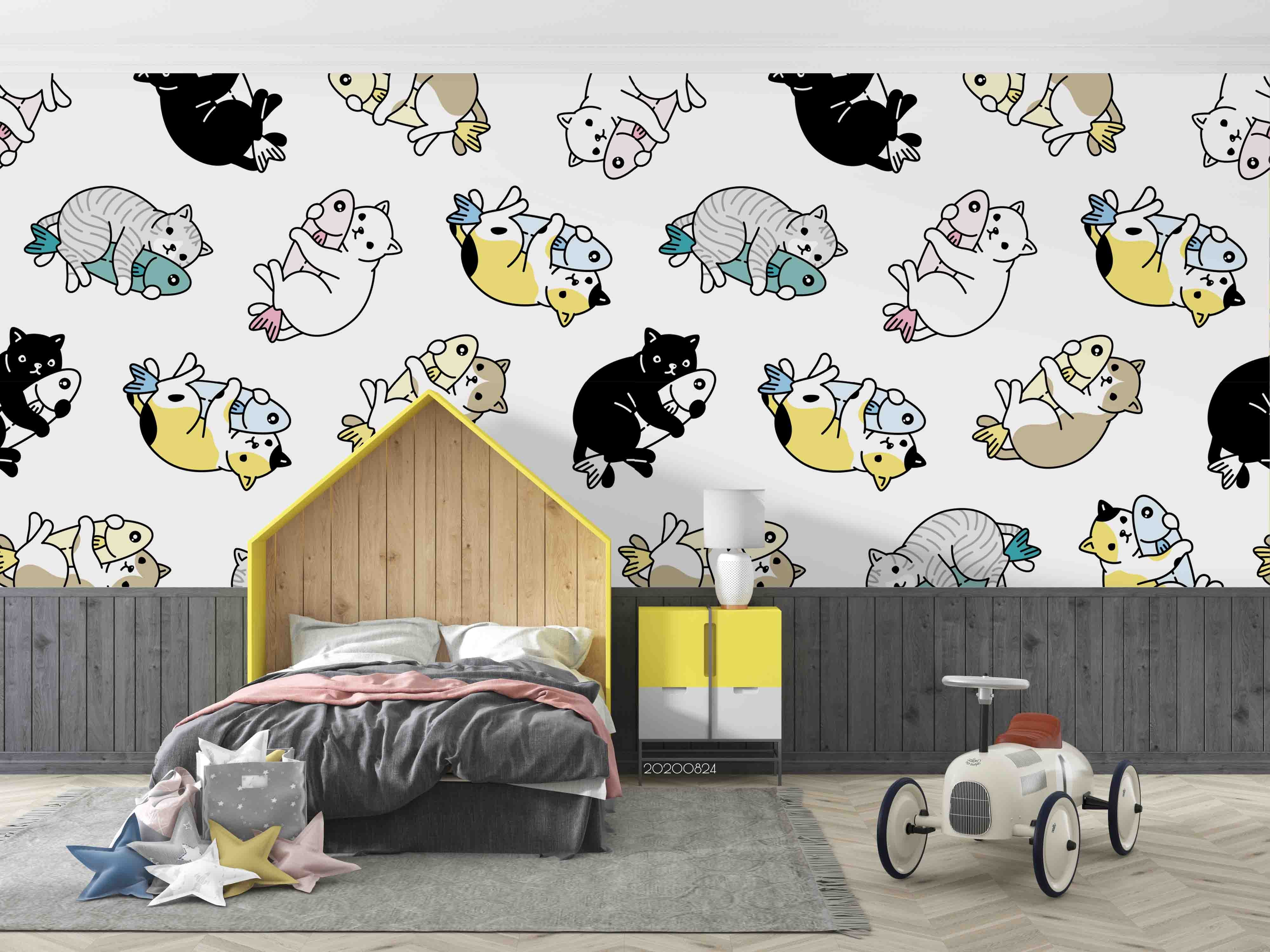 3D Cartoon Animal Cat Fish Wall Mural Wallpaper 135 Lqh