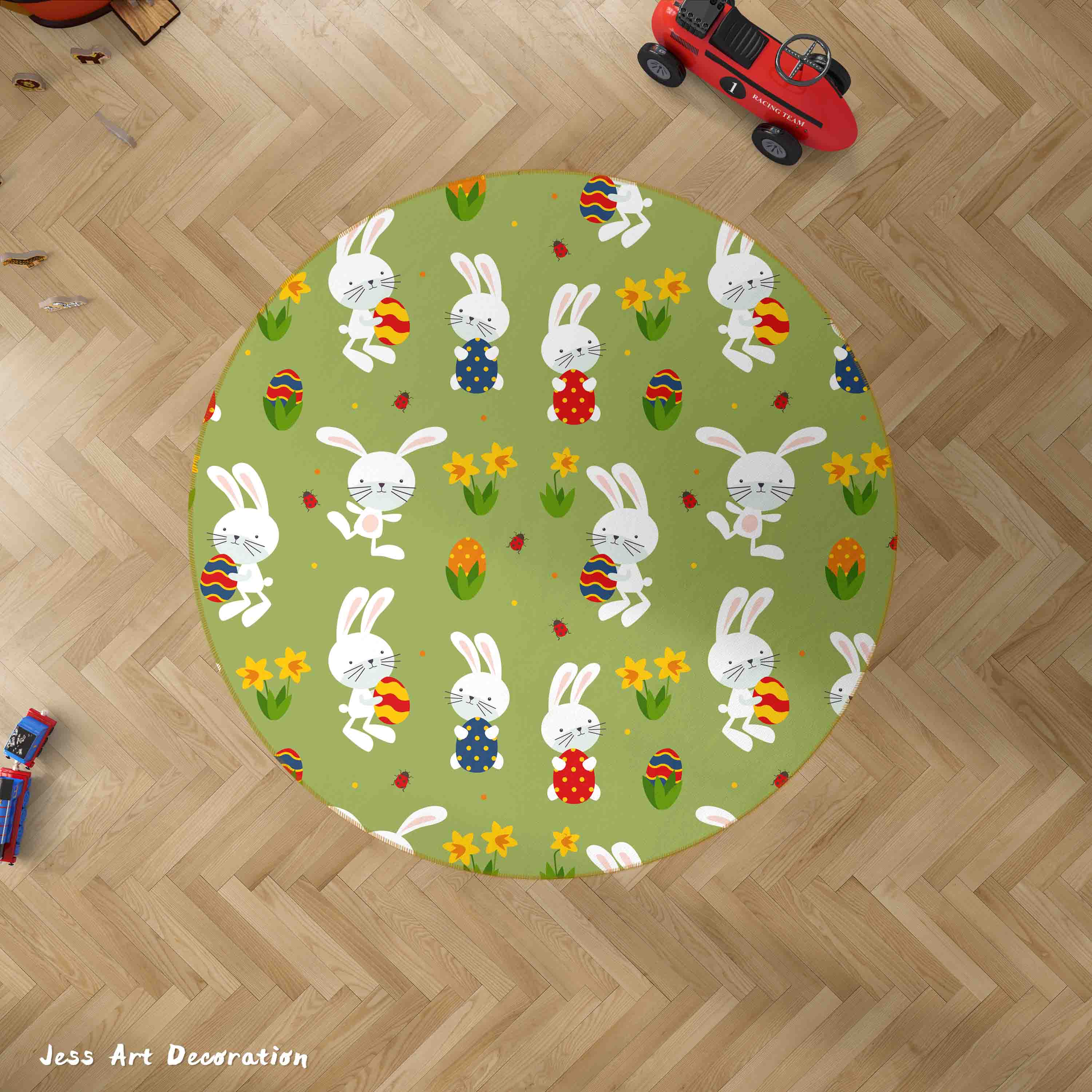 3D Cartoon Animal Bunny Floral Green Kids Non-Slip Round Rug Mat 113