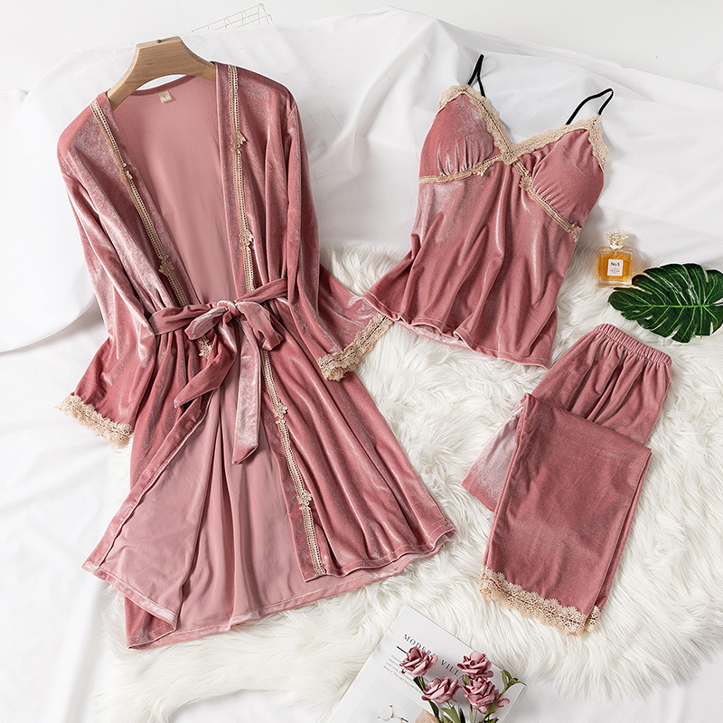 Women 3PCS Pajamas Suit Velour Soft Sleepwear Nightwear Kimono Bathrobe Gown Autumn Winter New Pyjamas Nightgown Homewear alx