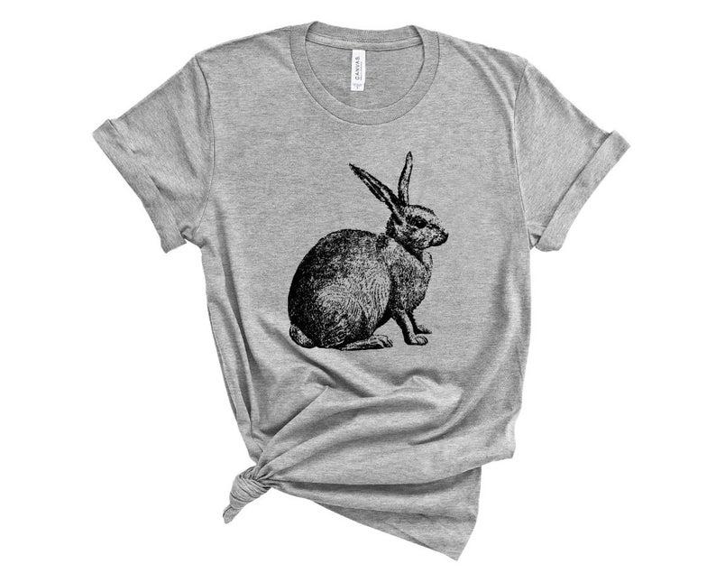 Rabbit T Shirt, Unisex T Shirt, Gift For Her, Bunny T Shirt, Unisex Fit, Grey Tshirt With Black Rabbit Print, Easter T Shirt