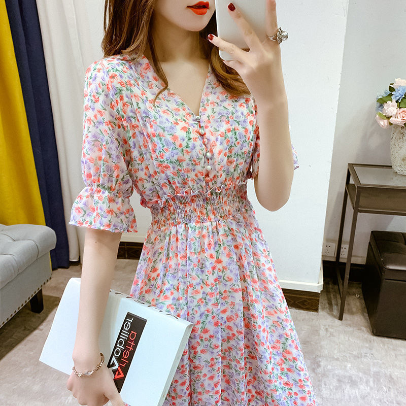 2022 Casual Floral Printed Women Chiffon Dresses Summer Half Sleeve V-Neck Pleated Long Dresses Mujer Vestidos Size 5XL alx