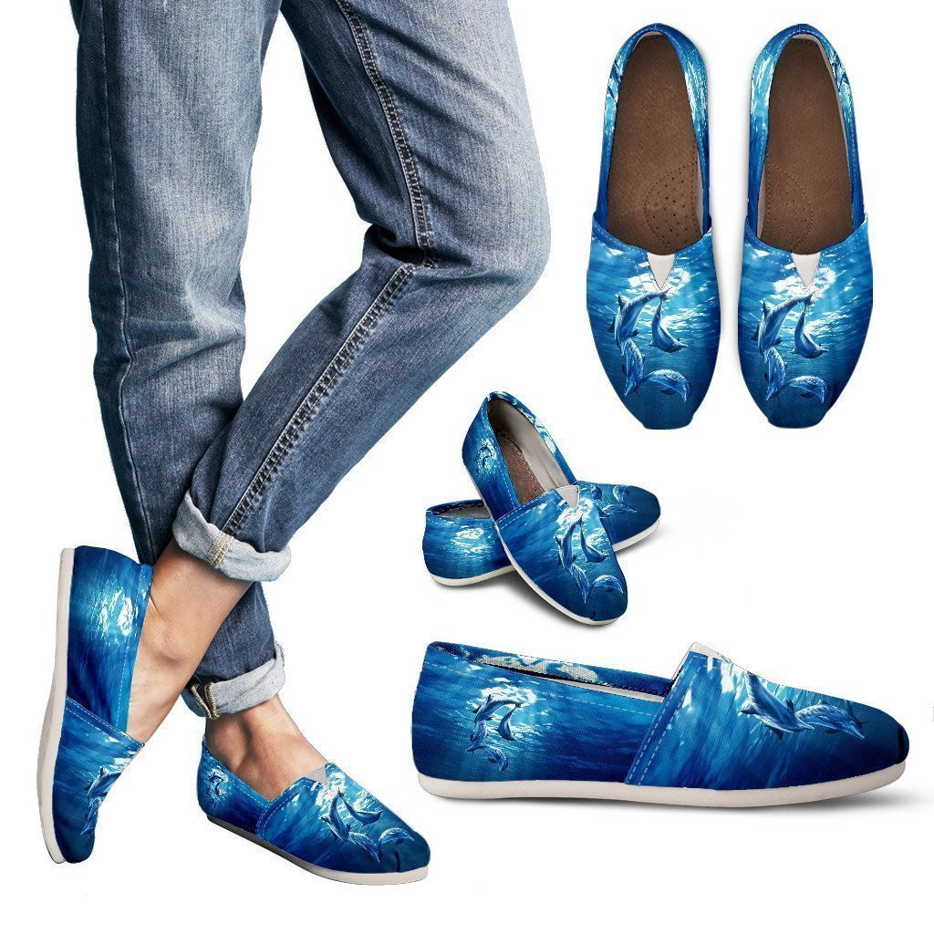 Dolphins Sea Blue Color All Over Print Slip On Shoes