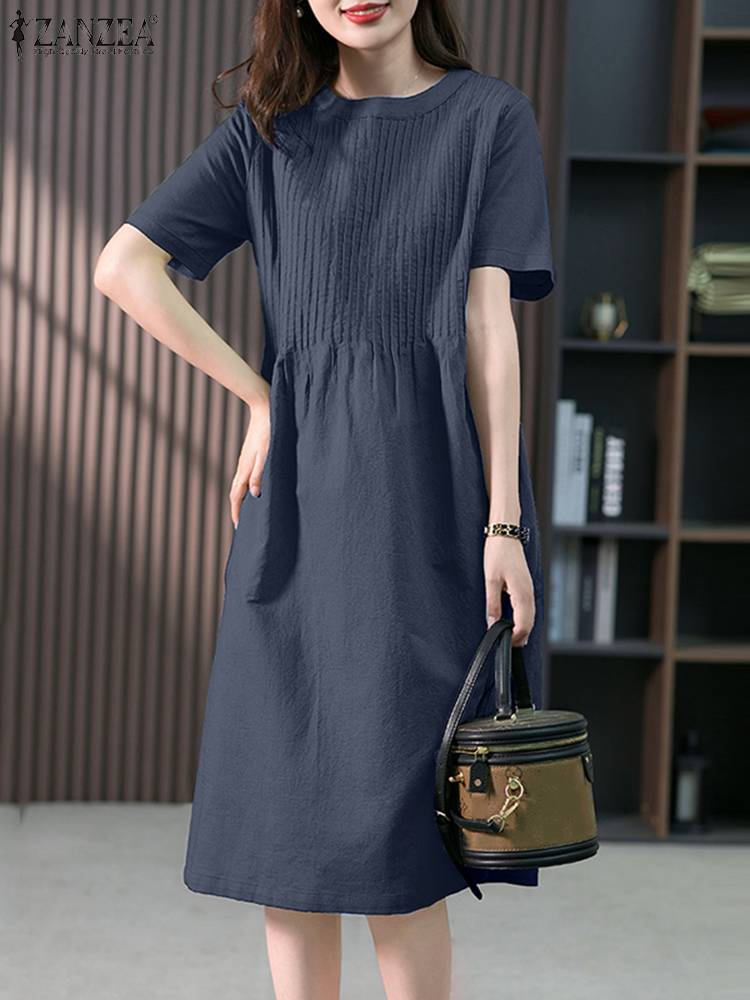 ZANZEA Summer Elegant Short Sleeve Pleated Dress Fashion Women Solid OL Work Midi Sundress Robe Femme Casual Loose Vestido Robe alx