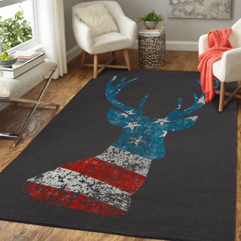 Reindeer, Deer Antler. American Flag, Distressed – Animals Area Rug Carpet