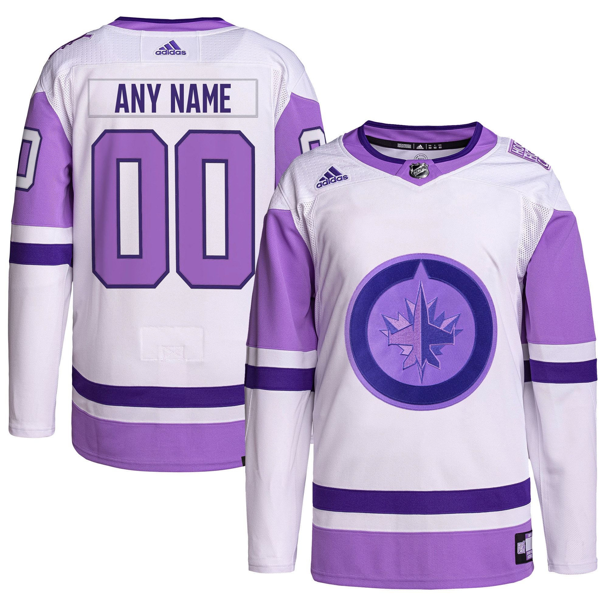 Men's Winnipeg Jets adidas White/Purple Hockey Fights Cancer Primegreen Authentic Custom Jersey