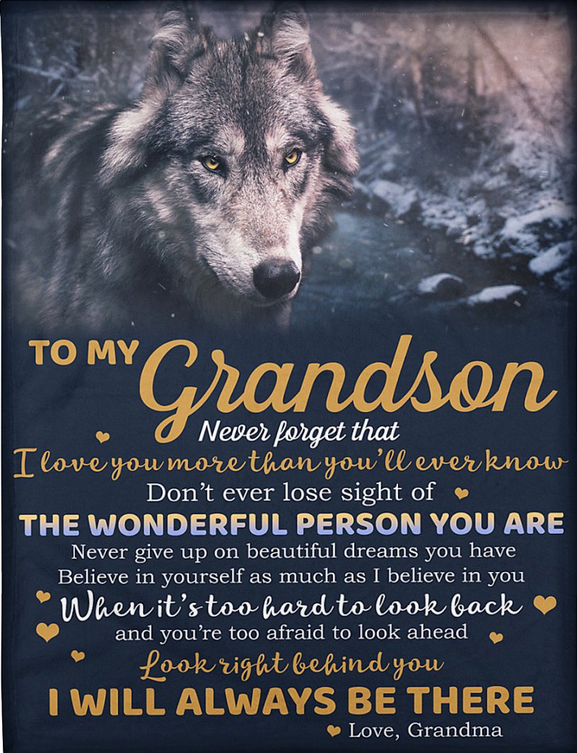 To My Grandson Fleece Blanket, Personalized Birthday Gift For Grandson From Grandma Blanket, Wolf Navy Blue Blanket