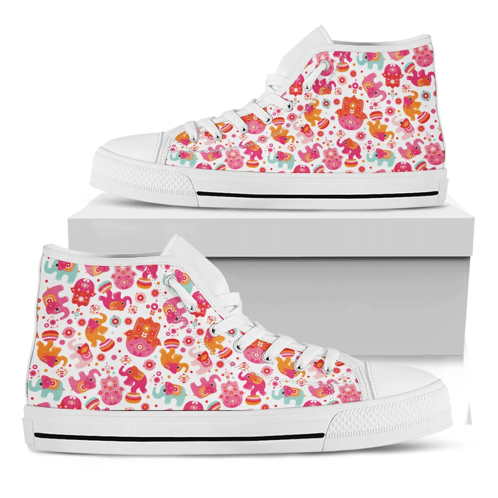 Girly Elephant And Hamsa Pattern Print White High Top Shoes For Men And Women