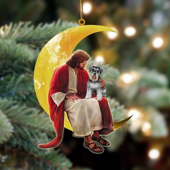 Schnauzer Dog And Jesus Sitting On The Moon Hanging Ornament