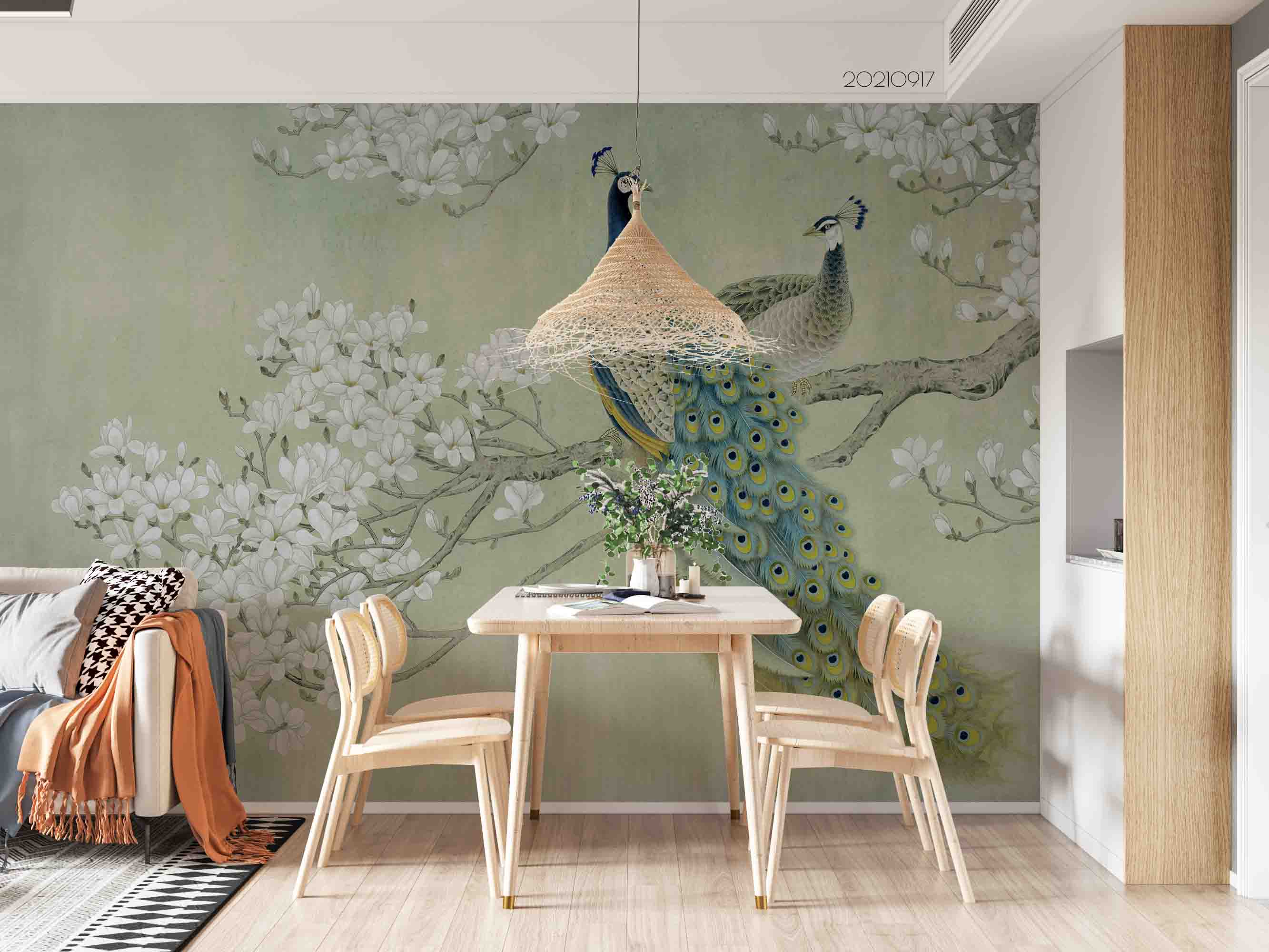 3D Hand Drawn Animal Peacock Floral Branch Wall Mural Wallpaper Lqh 39