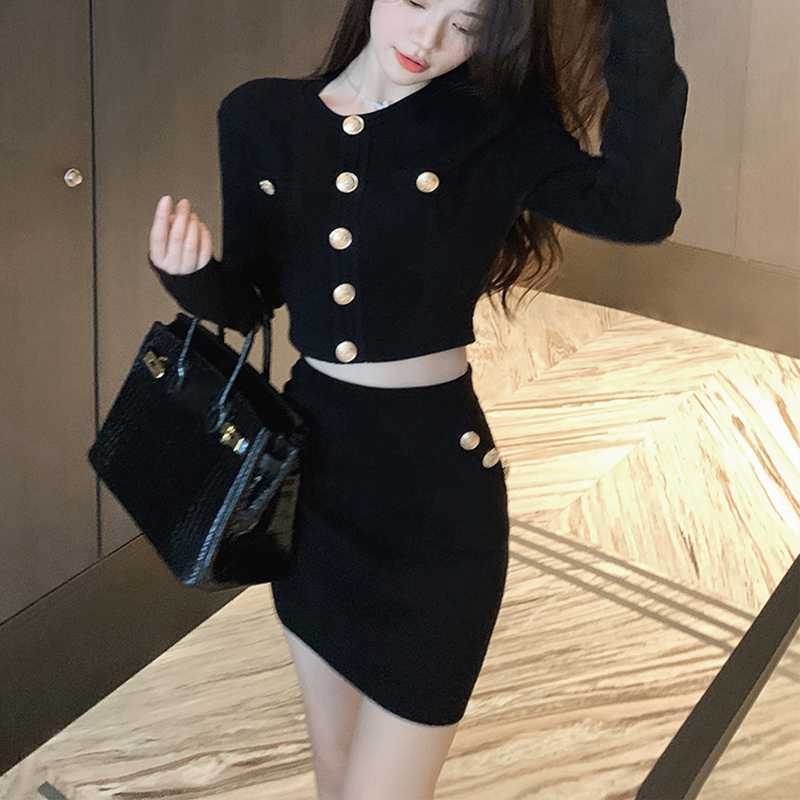 2022 Korean Version Spring Autumn Hepburn Fashion Knitted Women’s Suit with Skirt Black Round Neck Top Bag Hip Skirt 2 Piece Set alx