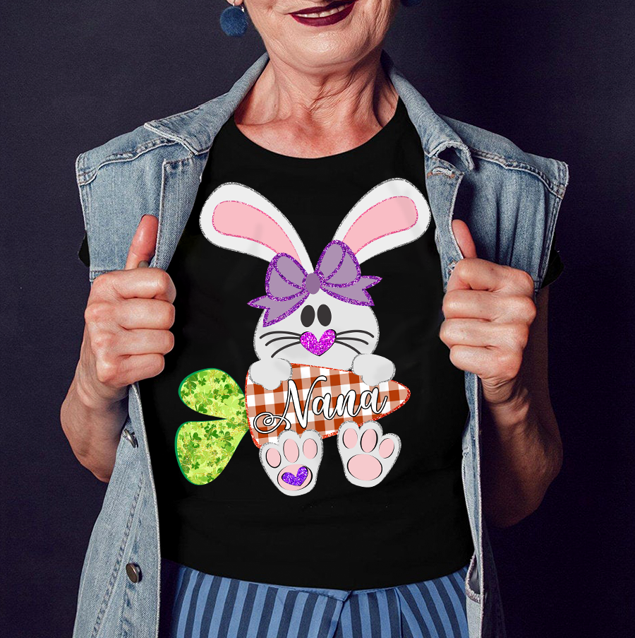 Apayprint -Nana, Grandma, Gammie, Mimi, Gigi Easter – Rabbit And Carrot, Grandkid’s Name | Personalized T-Shirt, S – 5XL, White Grey Pink Blue Black