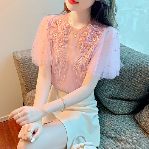 Temperament Shirt Women Summer 2022 Embroidered Three-Dimensional Flower Beaded Design Ruffled Blouses Lady Top alx