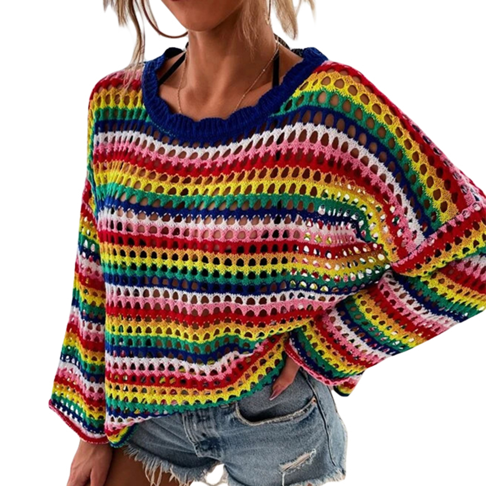 Womens Spring Autumn Knitted Pullover Long Sleeve O Neck Hollow Striped Knitwear alx