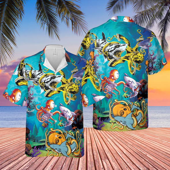 Octopus And Shark Battle Hawaii Shirt For Men Women Adult Ha49781