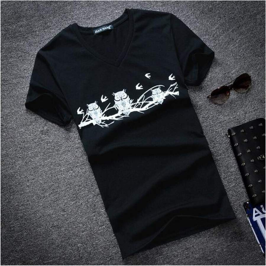Men’s T-shirts V Neck Short Sleeve Cotton Owl Printed Animal T shirt Men Tee Shirt