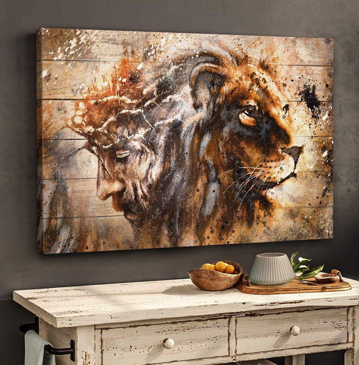 Amazing Lion And Jesus Vintage Wooden Pattern Canvas