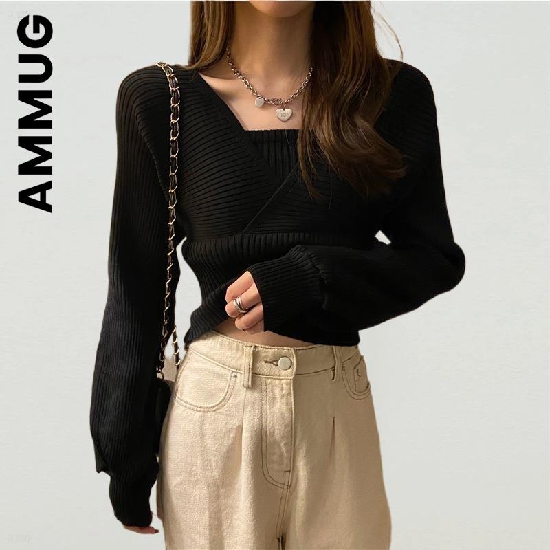 Ammug Women Sweater Fashion Knitted Soft All-Match Korean Top Women Slim Chic Sweaters Ladies Harajuku Sexy Women’s Clothing alx