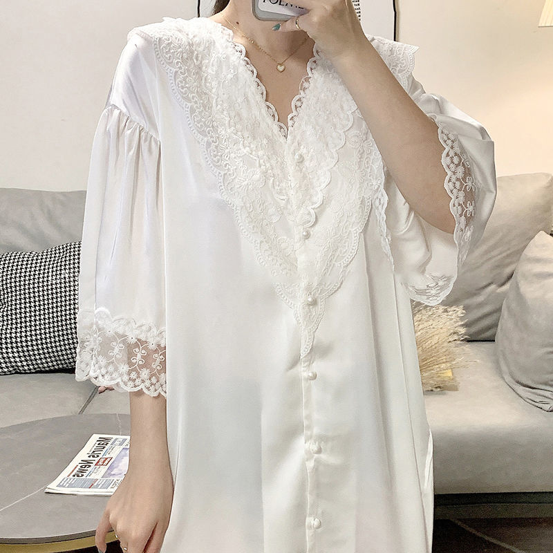 Summer Half Sleeve Nightgowns White Lace V-neck Sleepdress Loose Female Sexy Nightdress Korean Style Simple Fashion Home Lounge alx