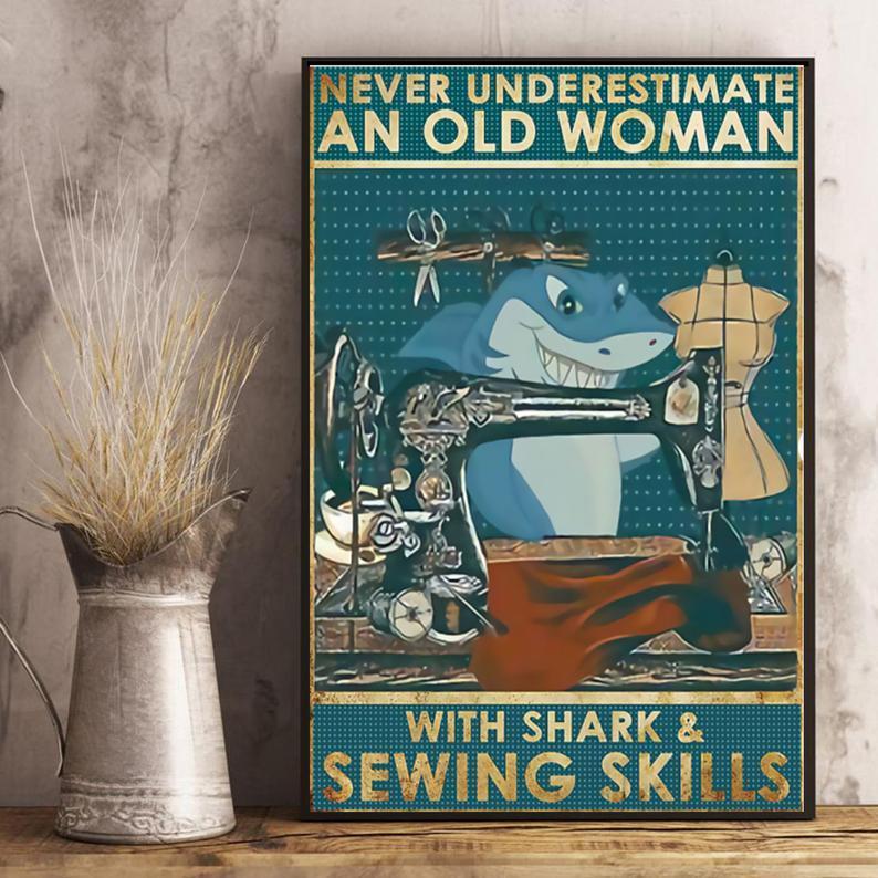 Canvas Prints Sewing An Old Woman With Shark And Sewing Skills Gifts Vintage Home Wall Decor Canvas – Mostsuit