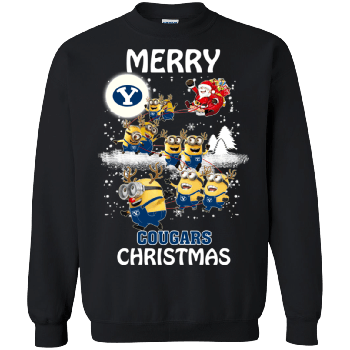 Trending Byu Cougars Minion Ugly Christmas Sweaters Santa Claus With Sleigh Hoodies Sweatshirts