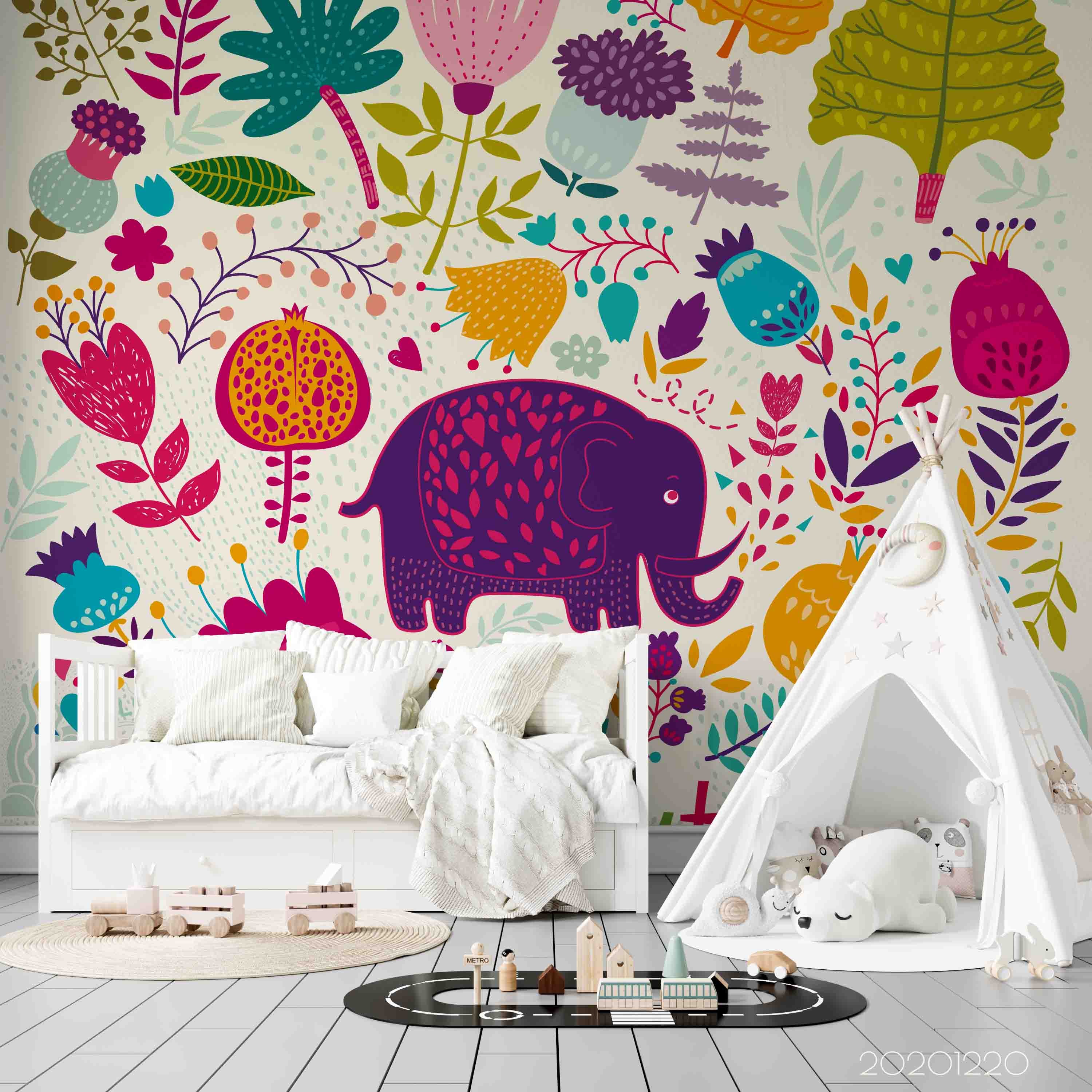 3D Hand Drawn Animal Elephant Floral Wall Mural Wallpaper Lqh 149