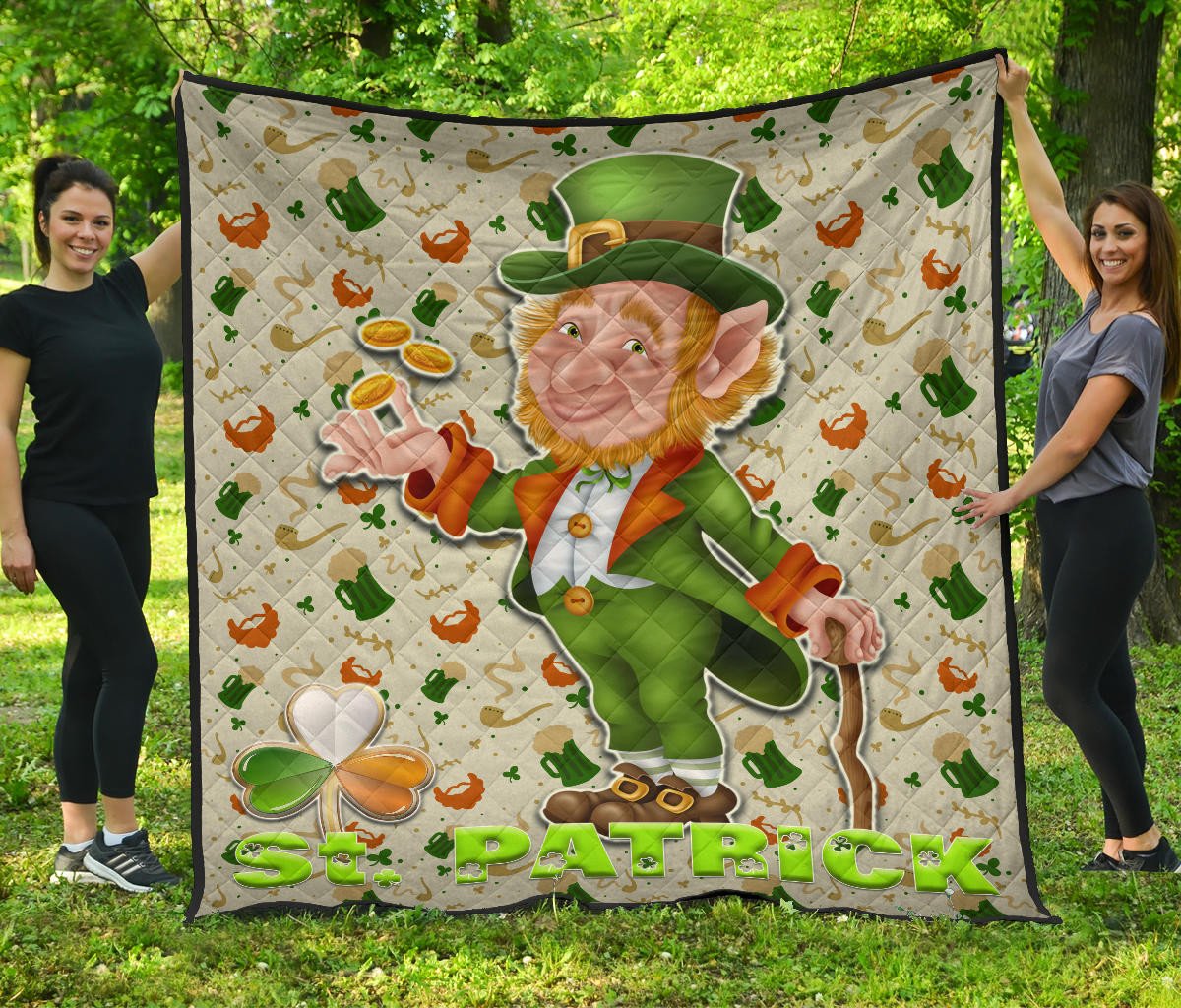 Saint Patrick’S Leprechauns Artwork St. Patrick Symbols Patterns Premium Quilt Blanket