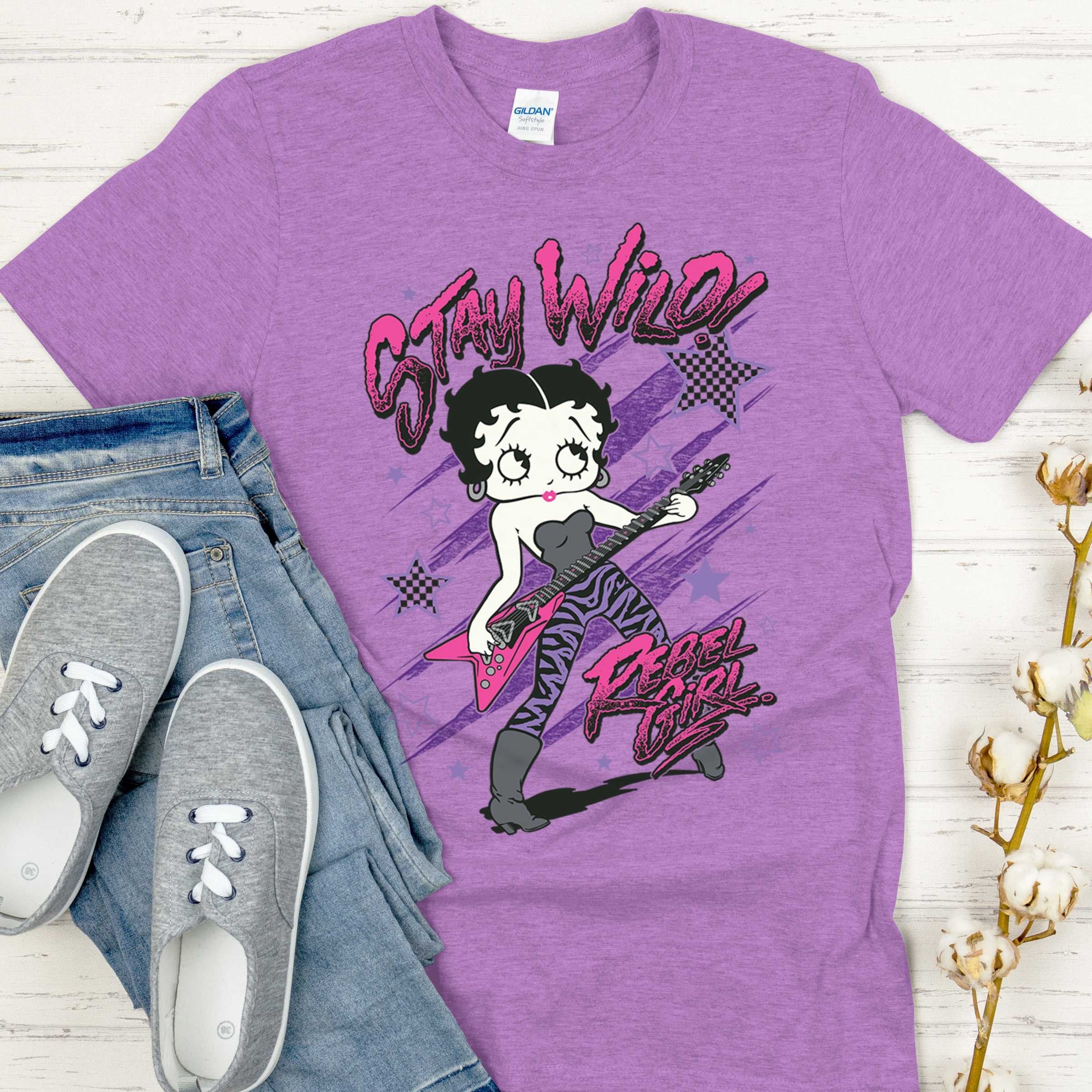 Betty Boop Tee, Stay Wild Betty T-Shirt, Officially Licensed Betty Boop Merchandise, Boop Oop A Doop, Rebel Girl, Electric Guitar, Icon  Rughing's Signature Collection