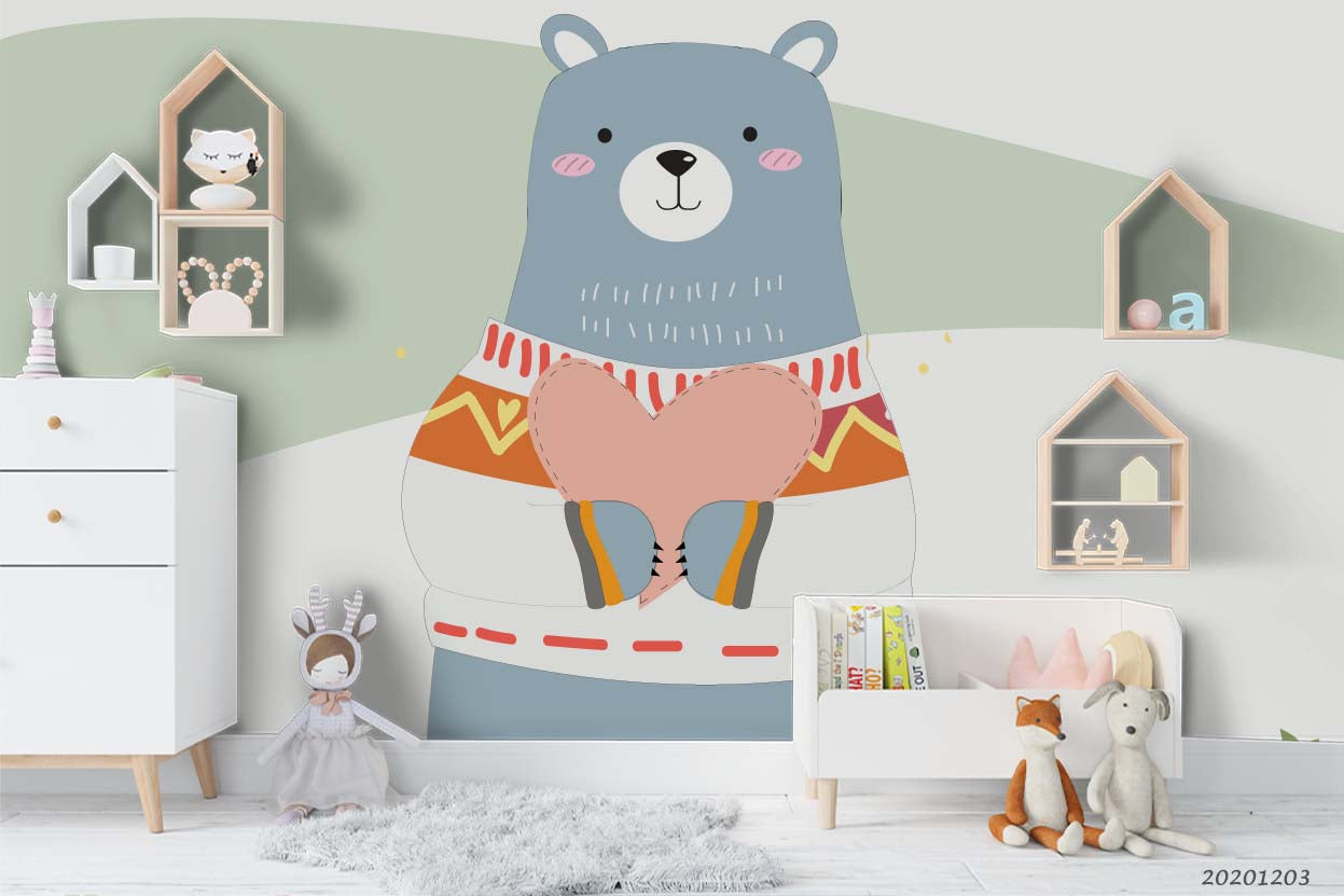 3D Cartoon Bear Animal Heart Wall Mural Wallpaper Lxl