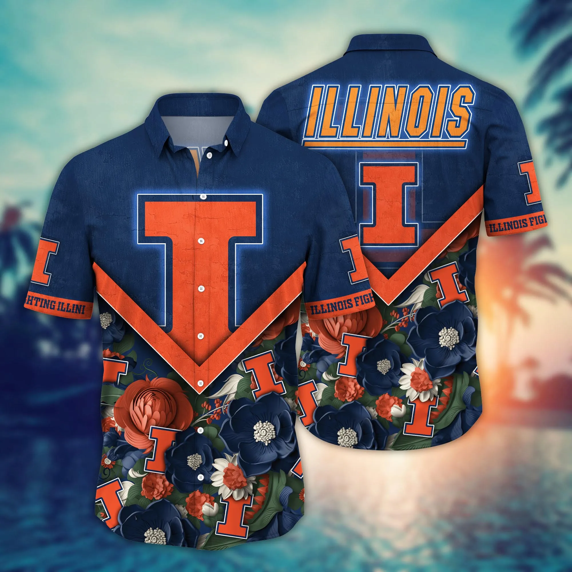 Illinois Fighting Illini NCCA Hawaiian Shirt Custom Sea Shores Aloha Shirt