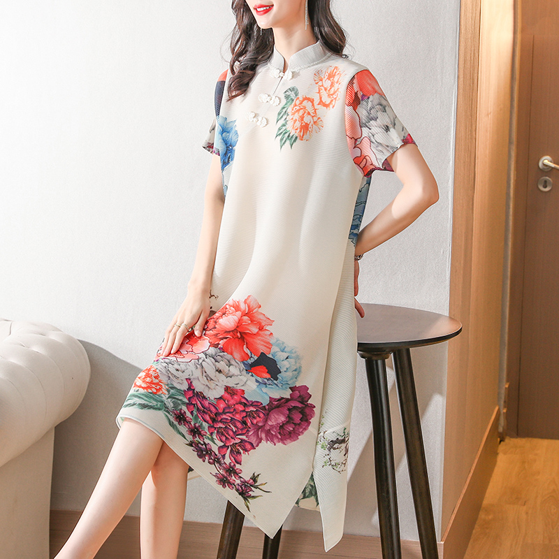 Summer Women Miyak Pleated Dress Chinese Style Loose Elegant Vintage Floral Print Buckle Stand Collar Improved Cheongsam Ladies alx