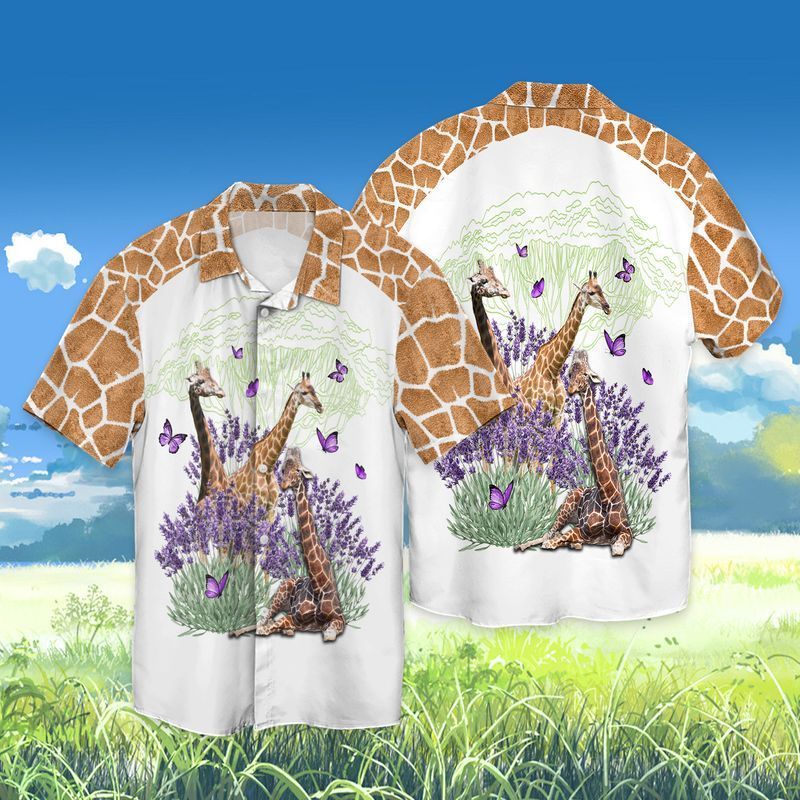 Giraffe And Gorgeous Purple Flower Graphic Print Short Sleeve Hawaiian Casual Shirt