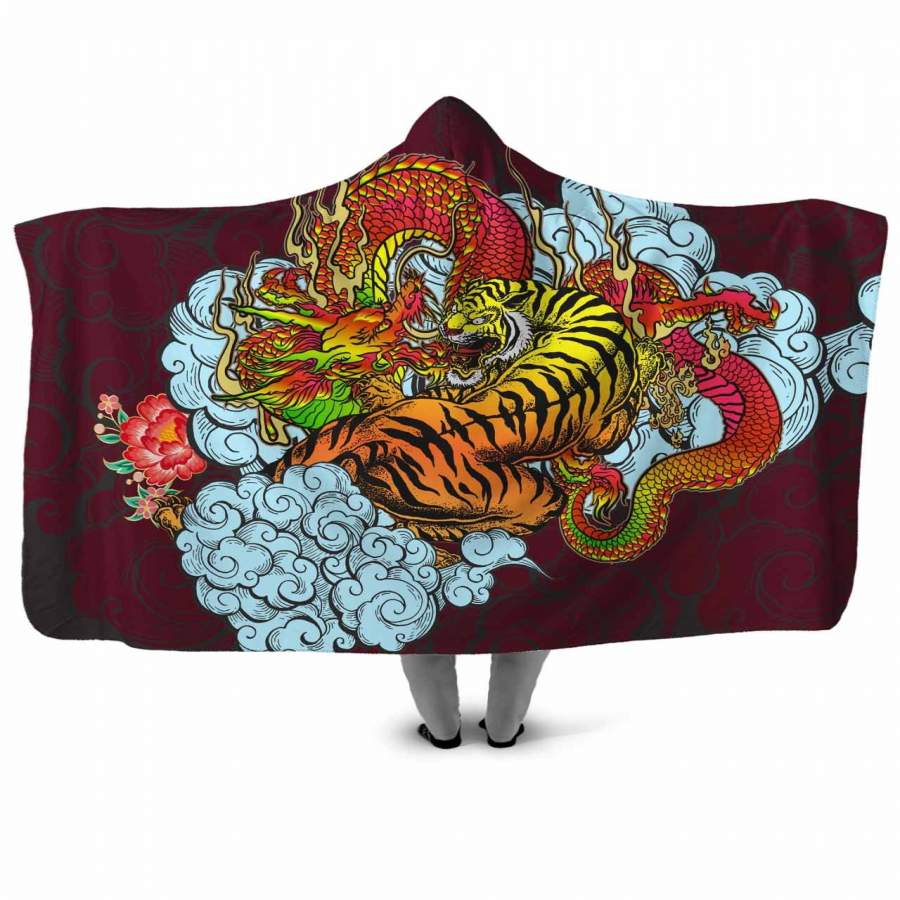 Dragon Tiger Red Hooded Blanket